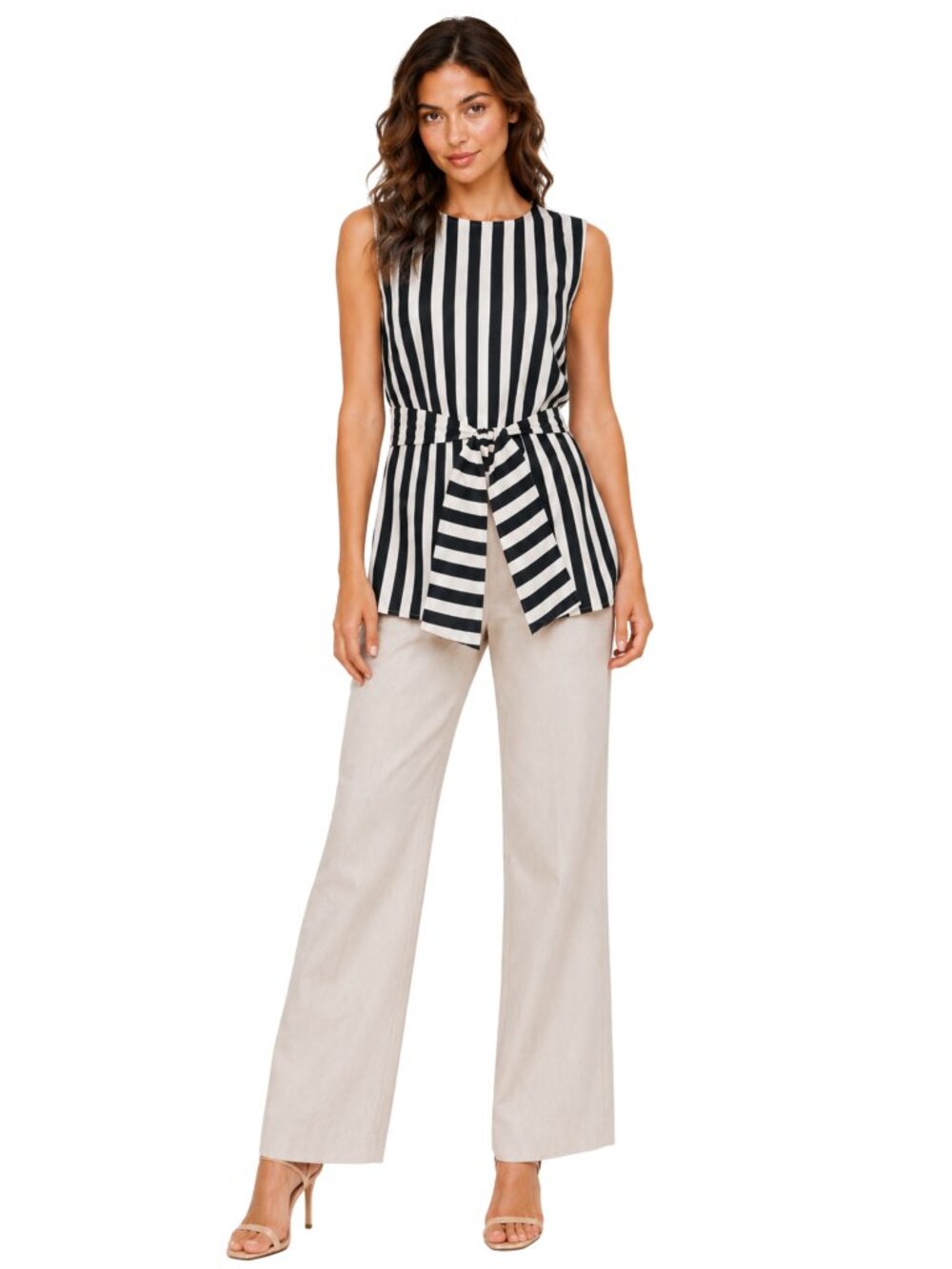 Gracia Black White Striped Open Side Tie Waist Tunic Top Women L - Picture 2 of 6